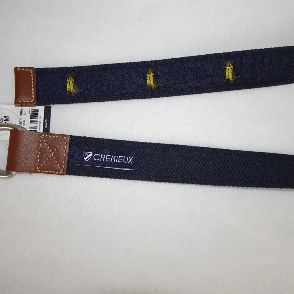 Cremieux Belt Men's Size S Blue Cloth Embroidered Dog Adjustable D Ring Preppy